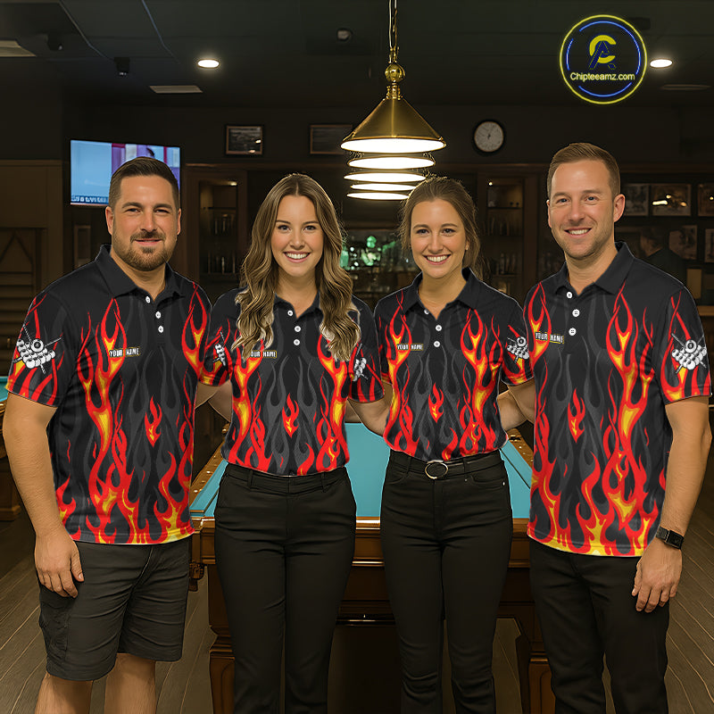 Red Flaming Pool 8 Ball Men Billiard Polo & Quarter-Zip Shirt Custom Billiard Team Jerseys NYN2285