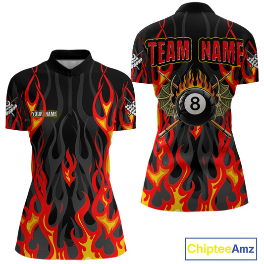 Red Flaming Pool 8 Ball Women Billiard Polo & Quarter-Zip Shirt Custom Billiard Team Jerseys NYN2285
