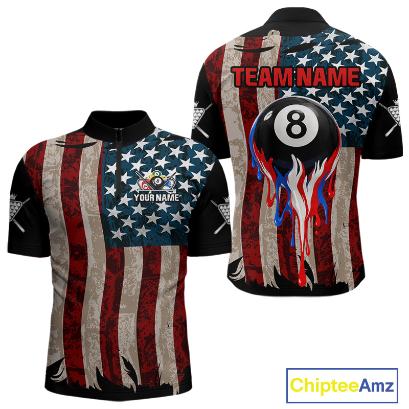 Grunge Dripping Pool 8 Ball Men Billiard Shirts Custom US Flag Patriotic Billiard Jerseys NYN2293