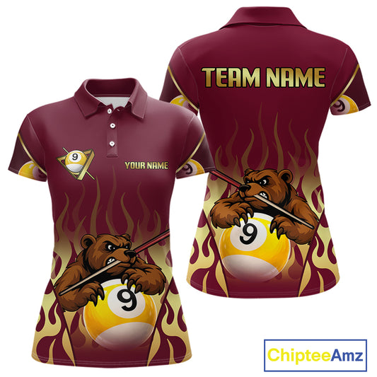 Bear & Pool 9 Ball Funny Billiard Shirts For Women Custom Name Billiard Team Jerseys NYN2296