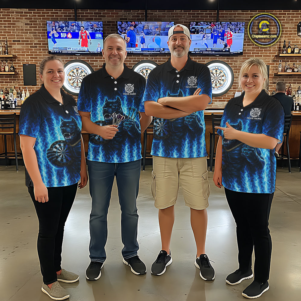 Personalized Blue Flames Bulldog Dartboard Men Darts 1/4-Zip Shirt Custom Funny Darts Jerseys NYN2581