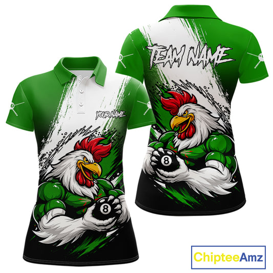 Personalized Funny Rooster 8 Ball Billiard Pool Shirt Custom Green Grunge Billiard Attire For Women NYN2952