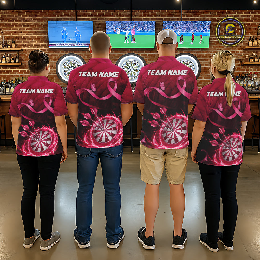 Pink Ribbon Thunder Lightning Women Dart Polo & Quarter Zip Shirt Custom Breast Cancer Darts Jersey NYN2947