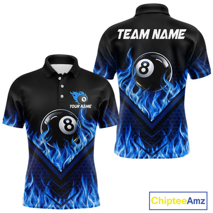 Blue Flaming Hexagon 8 Ball Billiard Pool Shirt For Men Custom Billiard Polo & 1/4 Zip Team Attire NYN3161