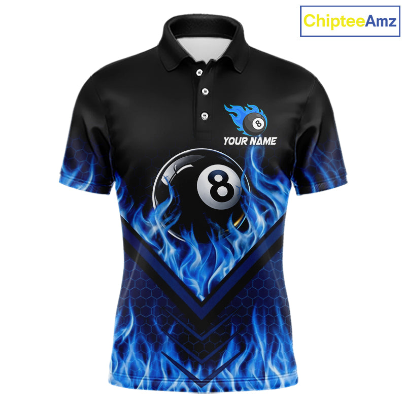 Blue Flaming Hexagon 8 Ball Billiard Pool Shirt For Men Custom Billiard Polo & 1/4 Zip Team Attire NYN3161