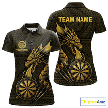 Load image into Gallery viewer, Gold tribal dragon darts polo shirt for women custom dart team jersey