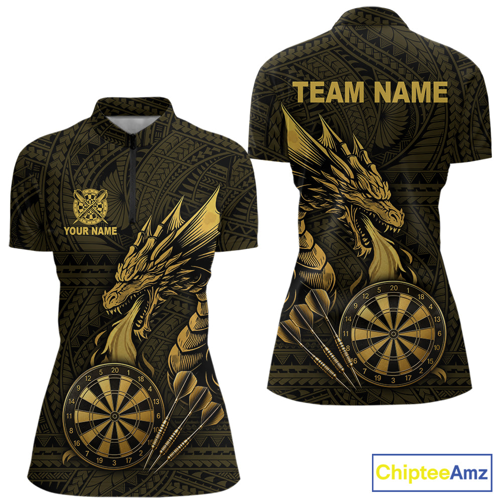 Gold tribal dragon darts 1/4-zip shirt for women custom dart team jersey