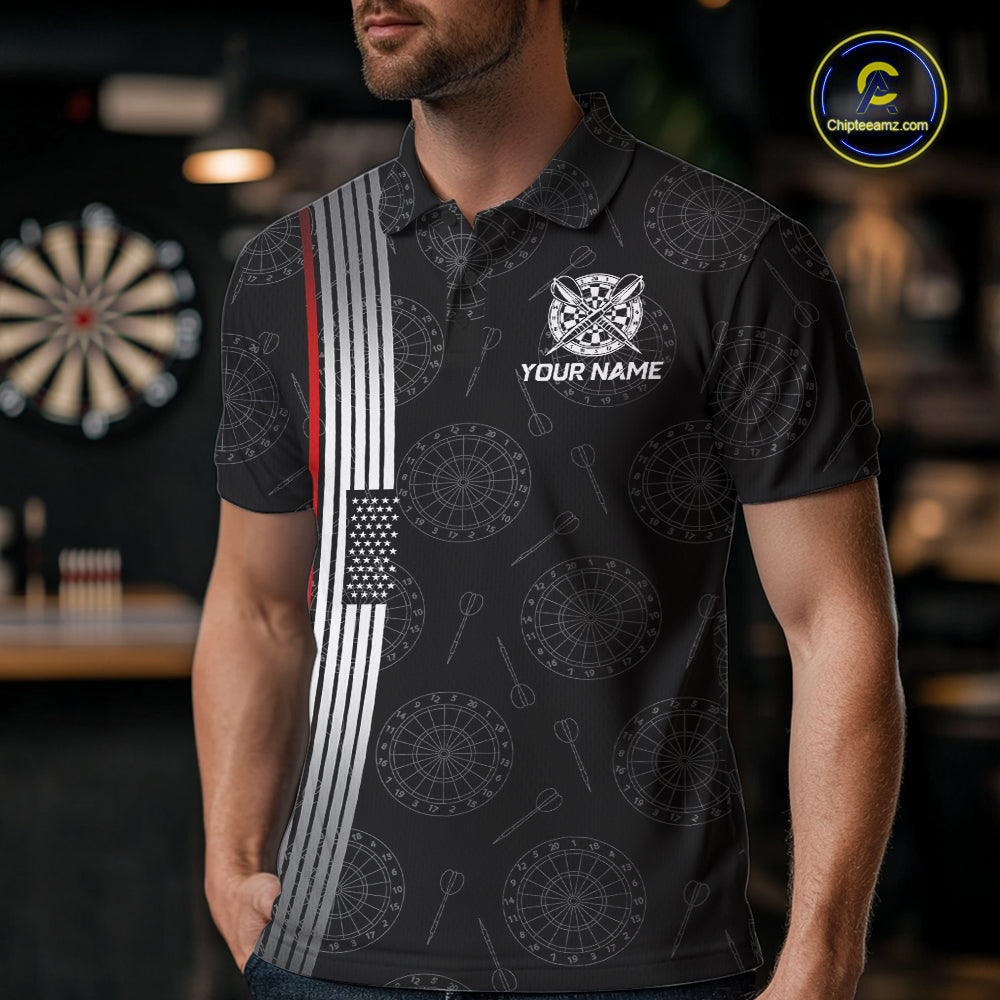 Custom Mens Dartboard Polo & 1/4-Zip Shirt American Flag Thin Red Line Patriotic Darts Jersey NYN3357
