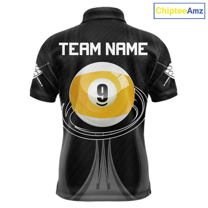 Personalized 9 Ball Billiard Polo Shirt For Men, Black Pool Team Jersey, Custom Pool League Shirt, Professional Billiards Apparel, Tournament Uniform