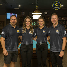 Load image into Gallery viewer, Men women billiard team wearing matching Black 9 Ball custom billiard uniforms