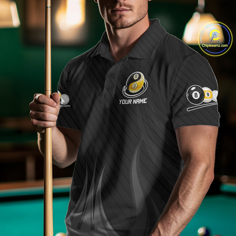 Male Pool Player Wearing Custom 8 Ball 9 Ball Billiard Shirt, Personalized Pool League Jersey, Team Apparel