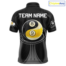 Load image into Gallery viewer, Personalized 8 Ball And 9 Ball Billiard Polo Shirt For Men, Black Pool Team Jersey, Custom Billiards League Apparel, Tournament Shirt