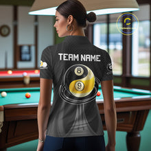 Load image into Gallery viewer, Female billiard player wearing Black 8 Ball &amp; 9 Ball custom billiard jersey