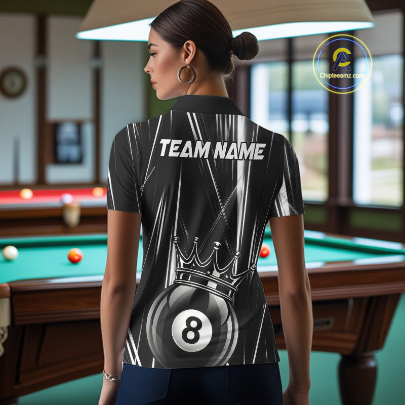 Female billiard player wearing Black White Crown 8 Ball custom billiard shirt