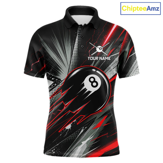 Thunder Red 8 Ball Strike Billiard Polo Shirt For Men, Custom Pool Team Jersey, Lightning Billiards Apparel