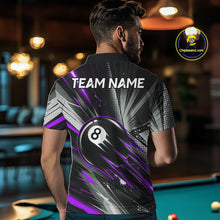 Load image into Gallery viewer, Male Pool Player Wearing Thunder Purple 8 Ball Billiard Shirt, Custom Pool Team Clothing, League Apparel