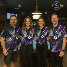 Load image into Gallery viewer, Men women billiard team wearing Thunder Purple 8 Ball Strike billiard team uniforms