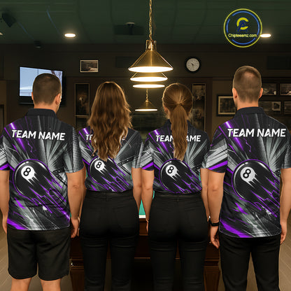 Men women billiard team wearing Thunder Purple 8 Ball Strike billiard team uniforms