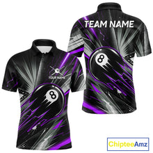 Load image into Gallery viewer, Thunder Purple 8 Ball Strike Billiard Polo Shirt For Men, Custom Pool Team Jersey, Lightning Billiards Apparel, Tournament Shirt