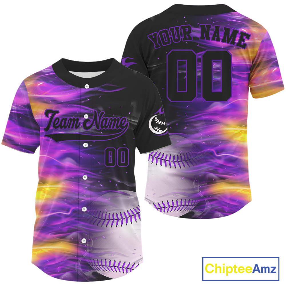 Purple And Yellow Flaming Baseball Ball Jersey Custom Outfits Youth Baseball Shirt For Women NYN0837