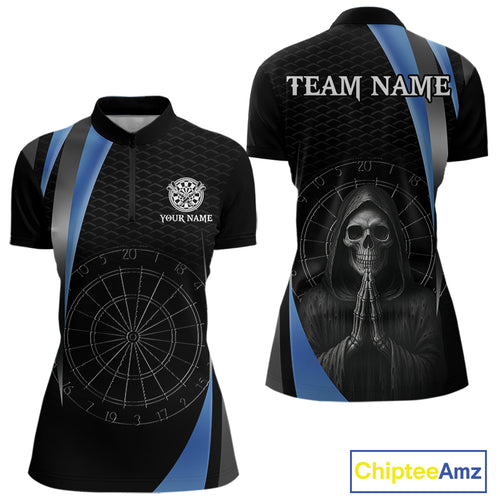 Custom Blue Grim Reaper Dartboard Dart Women Quarter-Zip Shirt Skull Dart Team Jerseys NYN1530