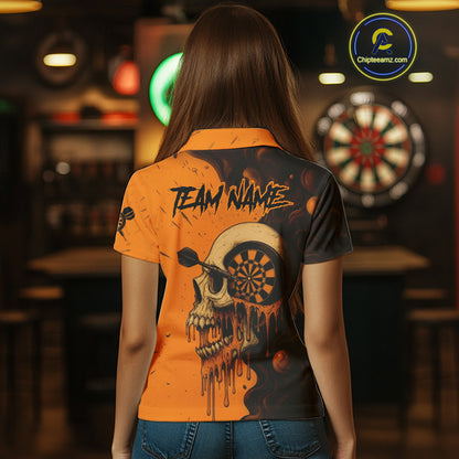Custom Black Orange Skull Grunge Dart Women Polo Shirt Halloween Dart Team Jerseys NYN1533