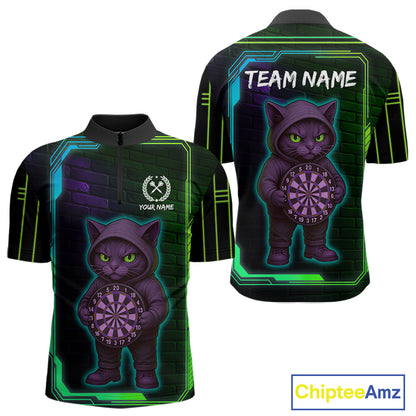 Lightning Cat Tech Green & Blue Neon Dartboard Men's Dart Quarter-Zip Shirt Funny Dart Jerseys NYN1792