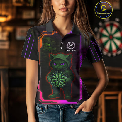 Lightning Cat Tech Purple & Blue Neon Dartboard Women Dart Polo Shirt Funny Dart Jerseys NYN1793