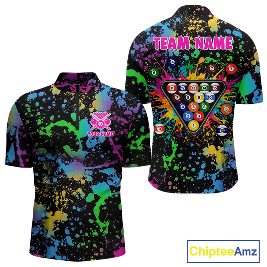 Funny 8 Ball Pool Colorful Paint Splash Custom Name Billiard Shirt For Men Billiard Team Jersey NYN2302