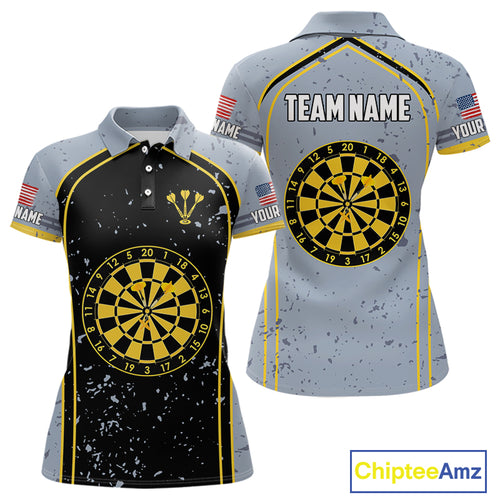 Custom Grey And Yellow US Flag Dartboard Dart Shirts For Women Patriotic Dart Team Jerseys NYN0042