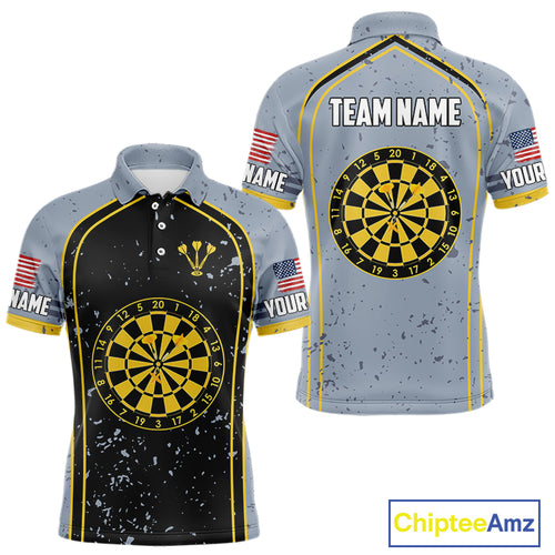 Custom Grey And Yellow US Flag Dartboard Dart Shirts For Men Patriotic Dart Team Jerseys NYN0042