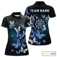 Load image into Gallery viewer, Blue butterfly dart polo shirt for women custom darts team apparel