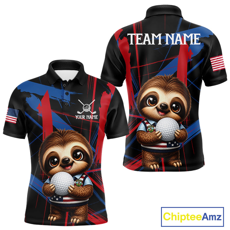 Men's funny golf polo featuring adorable sloth with artistic red and blue brush stroke graphics, custom golf shirt for men's golf teams, family golf outings and golf gifts, symbolizing friendship, creativity and fun.
