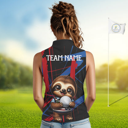 Female golfer wearing cute sloth golf polo featuring colorful brush artwork, representing positive energy and fun golf lifestyle.