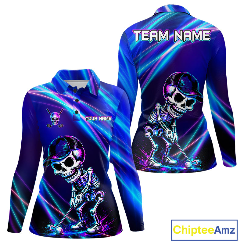 Women's golf polo with neon skull graphics, bold custom golf apparel for Halloween golf tournaments, alternative fashion and golf team uniforms.