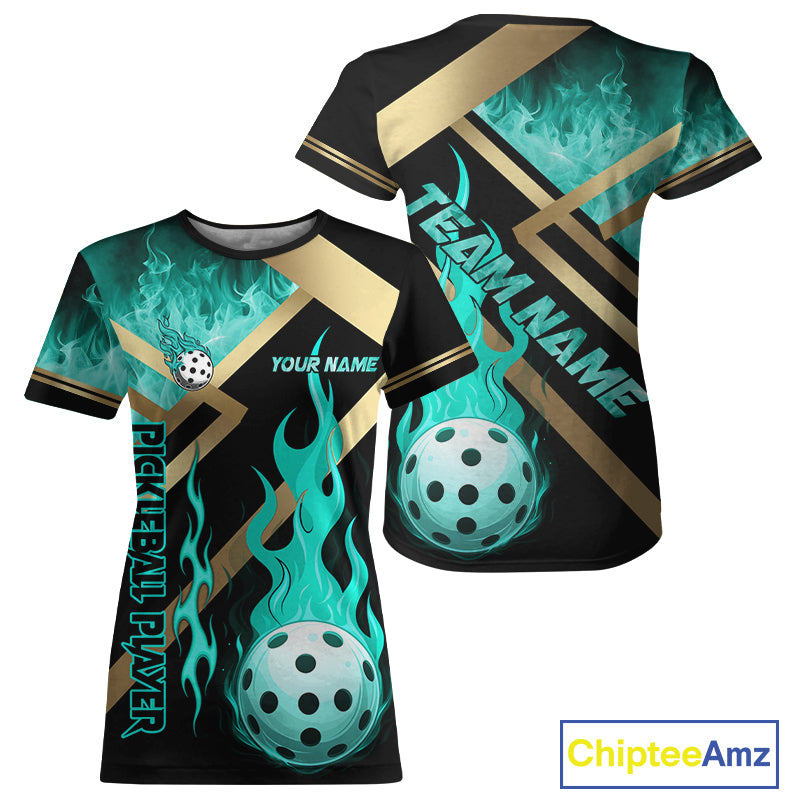 Custom Women's Turquoise Flame Pickleball Ball T-Shirt Pickleball Jersey For Lovers NYN1264
