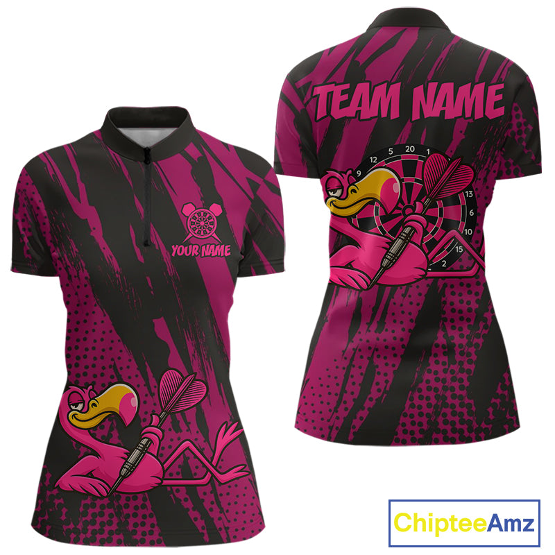 Custom Black And Pink Flamingo Dartboard Funny Dart Team Women Quarter-Zip Shirt Dart Jerseys NYN1538