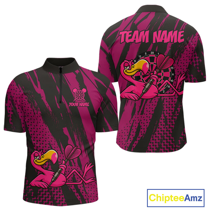 Custom Black And Pink Flamingo Dartboard Funny Dart Team Men Quarter-Zip Shirt Dart Jerseys NYN1538