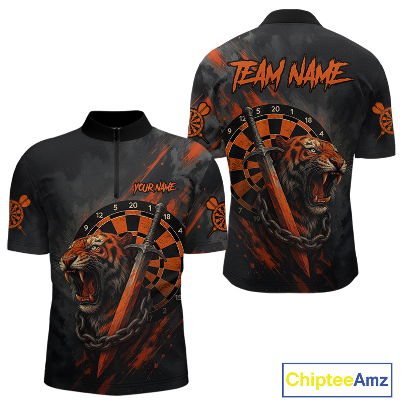 Custom Orange Grunge Tiger Dartboard Horror Dart Men Quarter-Zip Shirt Outfits Dart Jerseys NYN1542