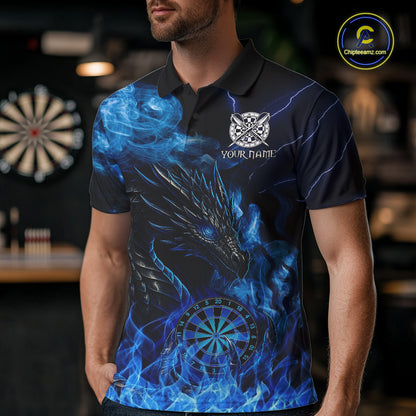 Personalized Men Dart Polo & Quarter-Zip Shirt Custom Name Team Blue Flaming Dragon Dart Jersey NYN3359