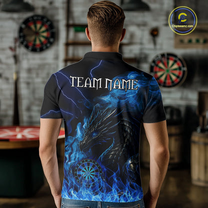 Personalized Men Dart Polo & Quarter-Zip Shirt Custom Name Team Blue Flaming Dragon Dart Jersey NYN3359