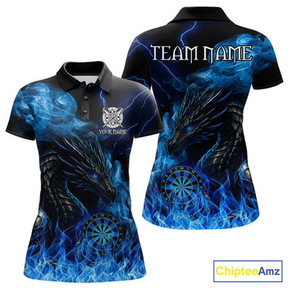 Personalized blue flaming dragon dart polo shirt for women custom darts team jersey