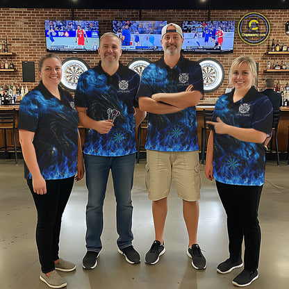 Personalized Men Dart Polo & Quarter-Zip Shirt Custom Name Team Blue Flaming Dragon Dart Jersey NYN3359