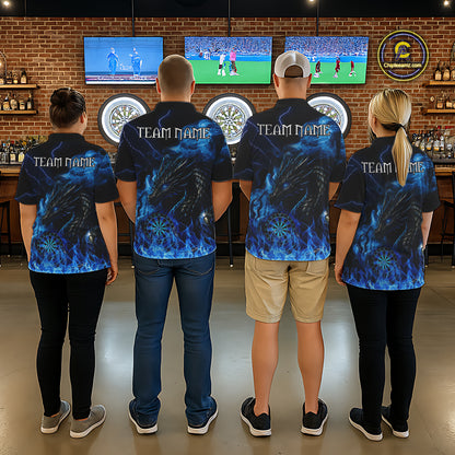 Personalized Men Dart Polo & Quarter-Zip Shirt Custom Name Team Blue Flaming Dragon Dart Jersey NYN3359