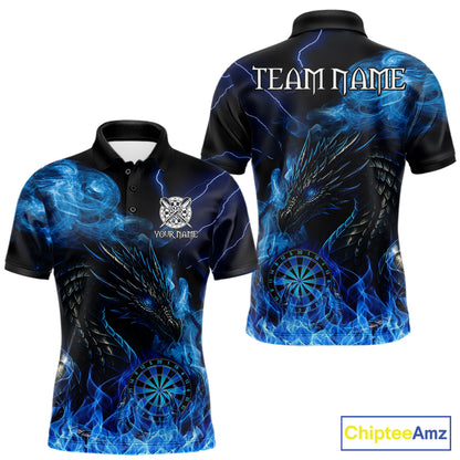 Personalized blue flaming dragon dart polo shirt for men custom darts team jersey