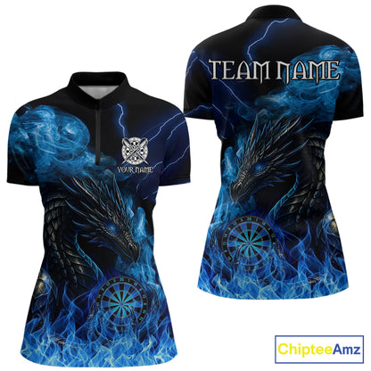 Personalized blue flaming dragon dart quarter zip shirt for women custom darts team jersey