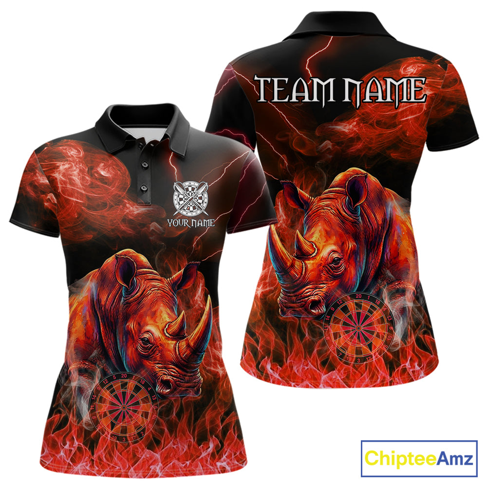 Personalized red flaming rhino dart polo shirt for women custom dart jersey