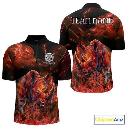 Personalized red flaming rhino dart quarter zip shirt for men custom dart jersey