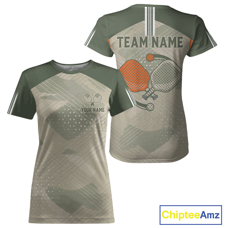 Custom Green And Orange Camouflage Pickleball T-Shirt For Women Pickleball Team Jerseys NYN1273