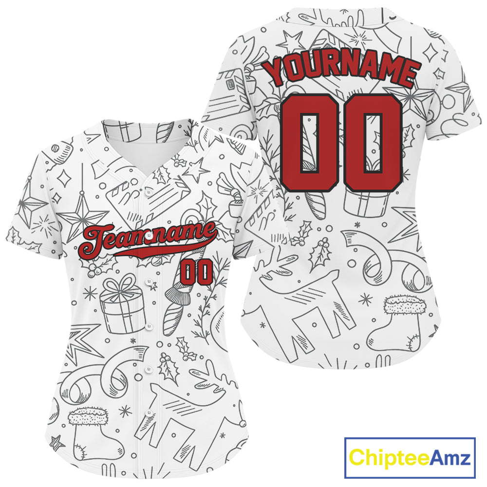 Custom White Christmas Baseball Jersey For Women Funny Xmas Baseball Tournament Jersey NYN1285